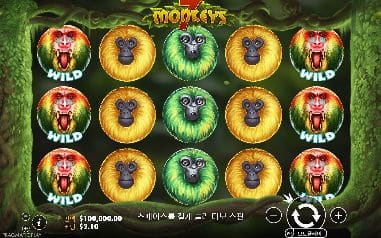 7 몽키즈 모바일 화면에서는 양쪽 WILD 원숭이 기둥과 가운데 동물 얼굴이 또렷합니다