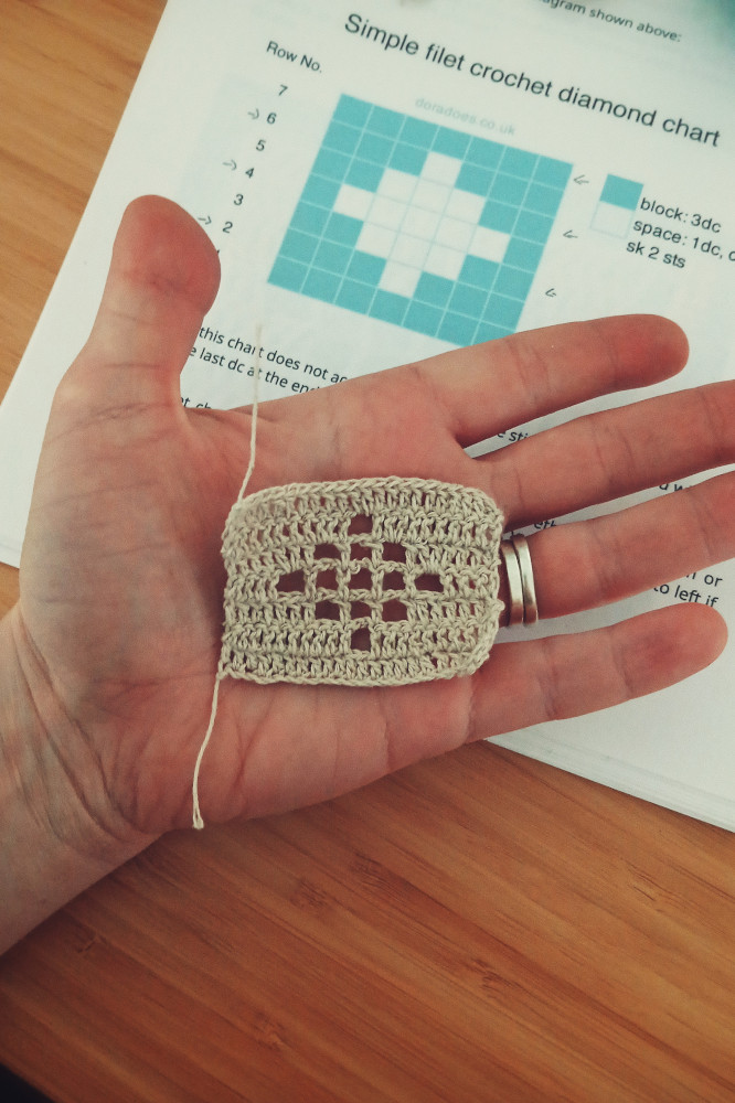 A vertical colour photograph of a small filet crochet work held in the palm of my hand over the paper with the chart on. The cotton yarn used is of an oatmeal colour.