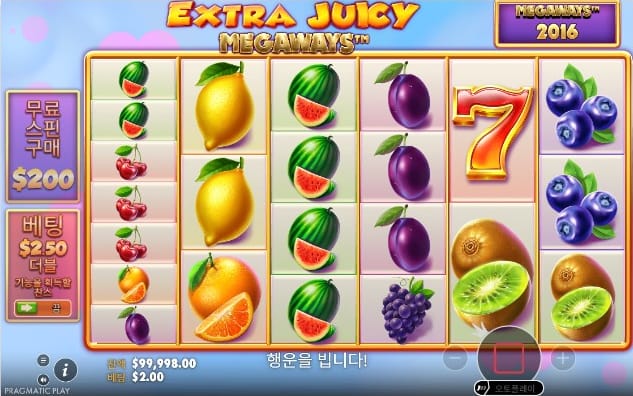 Extra Juicy Megaways 다음 스핀에서 2,016 Megaways와 수박·레몬·7 심볼이 보이는 실제 결과