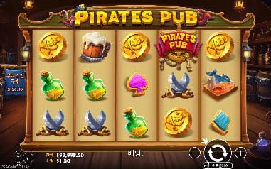 파이리츠 퍼브 모바일 화면에서는 맥주잔·금화·검·초록 병이 나무 선술집에 늘어선 해적 릴이 작아진 릴 영역 안에서 구분됩니다