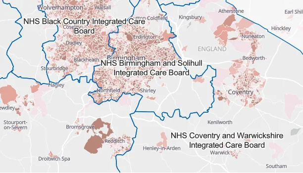 Screenshot of deprivation index combined with health board boundaries