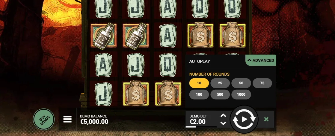 AUTOPLAY와 NUMBER OF ROUNDS 패널이 열린 서부 슬롯 화면
