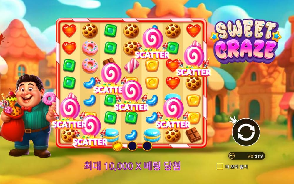 스위트 크레이즈 분홍 막대사탕과 SCATTER 글자가 촘촘한 사탕 격자 곳곳에서 반복됩니다