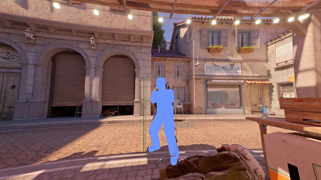 Cluster CS2 in-game view with a blue chams highlight on an opponent