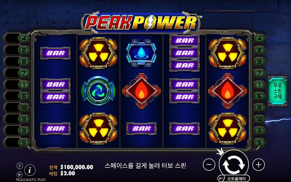 피크 파워 어두운 기계 릴에 방사능 표지, BAR, 파란 육각형과 붉은 물방울 심볼이 보입니다