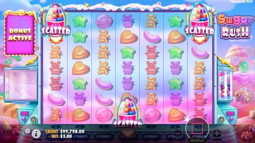 Sugar Rush 당첨 장면에서 여러 x2 칸과 스캐터 두 개가 함께 보이는 화면