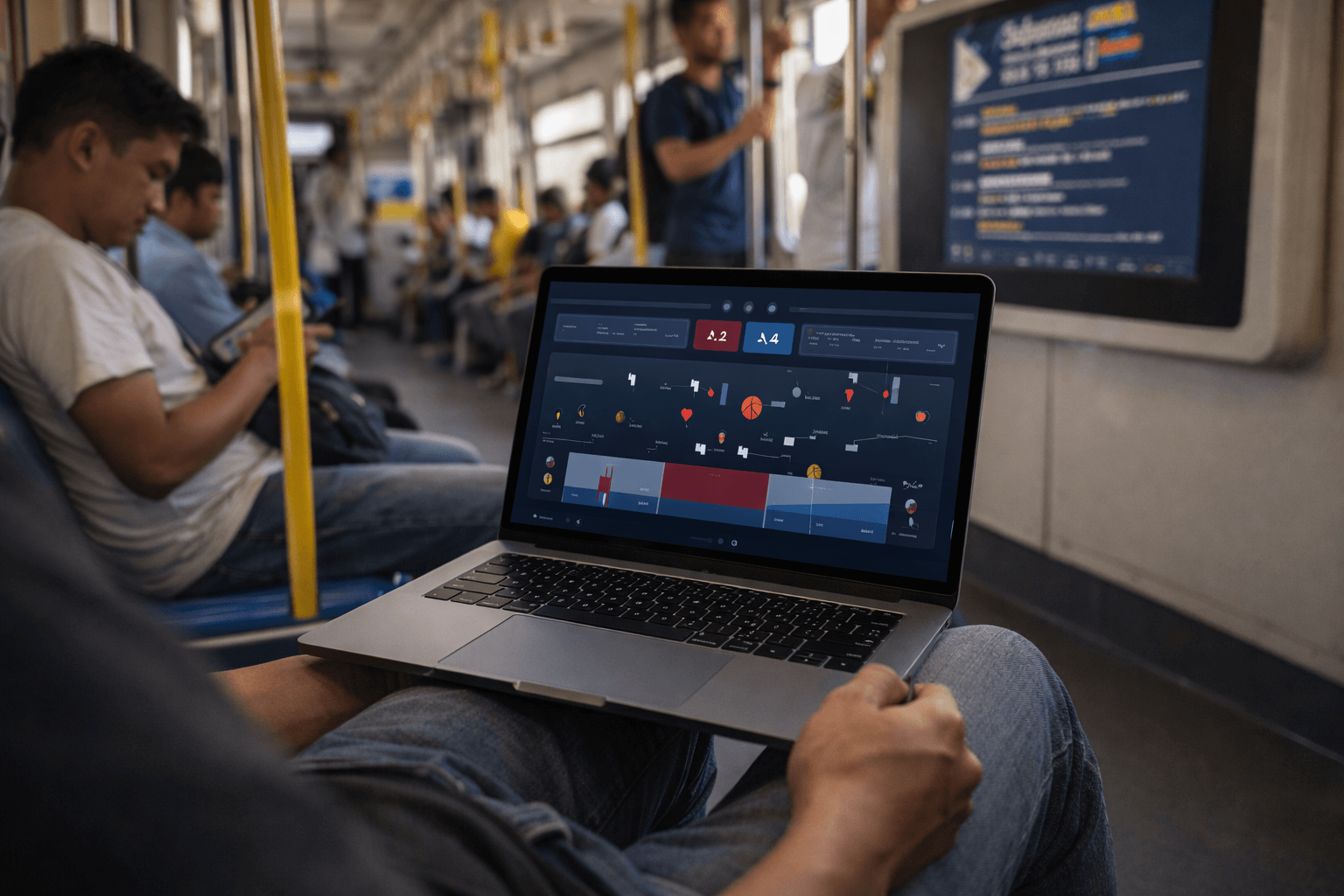 Wide documentary-style photo inside a Philippine commuter train, showing a passenger with a laptop displaying a generic live score dashboard, with a digital arrivals board blurred in the background.