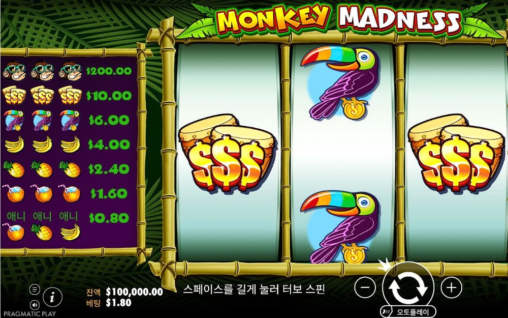 몽키 매드니스 달러 자루 두 개와 큰부리새 두 개가 앞 장면과 거의 같은 자리에 남아 있습니다