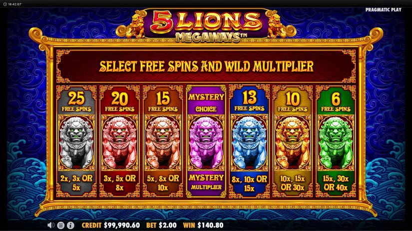 5 Lions Megaways 무료 스핀 횟수와 와일드 배수를 고르는 선택 화면