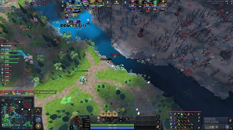 Dota 2 match with Melonity overlays: zoomed-out camera, a Net Worth panel and a minimap dotted with enemy markers