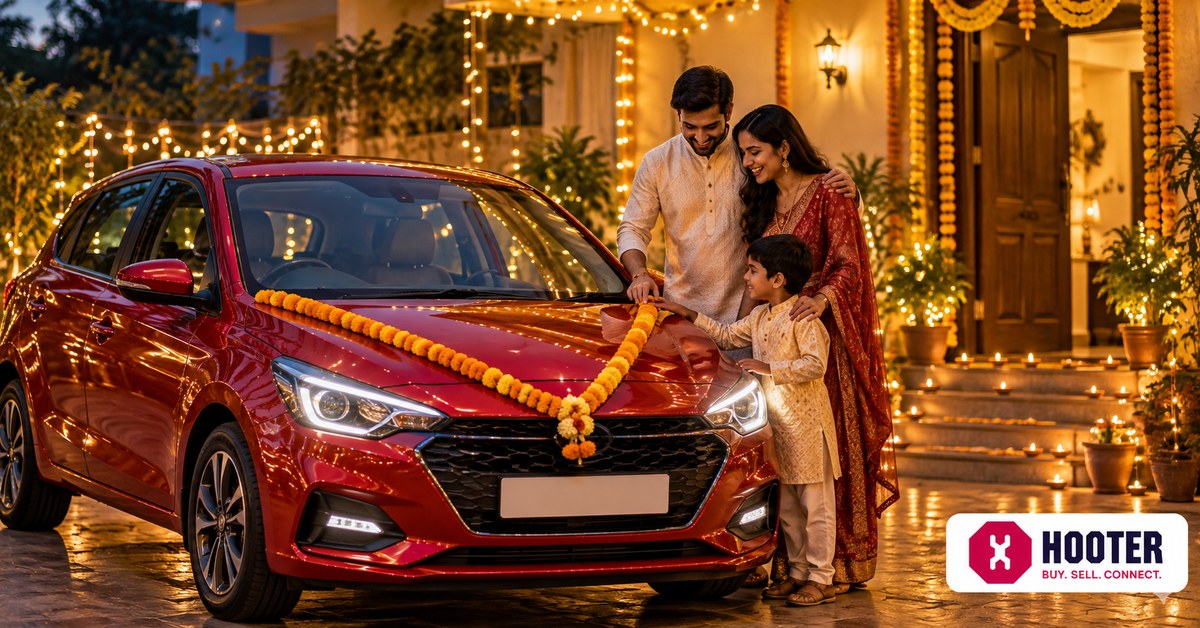 A family admiring their newly bought red used hatchback outside a home lit for Diwali