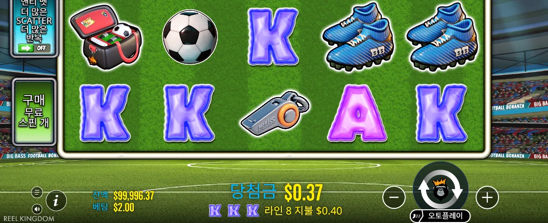 K 당첨선과 0.37달러가 표시된 빅 배스 풋볼 보난자 결과