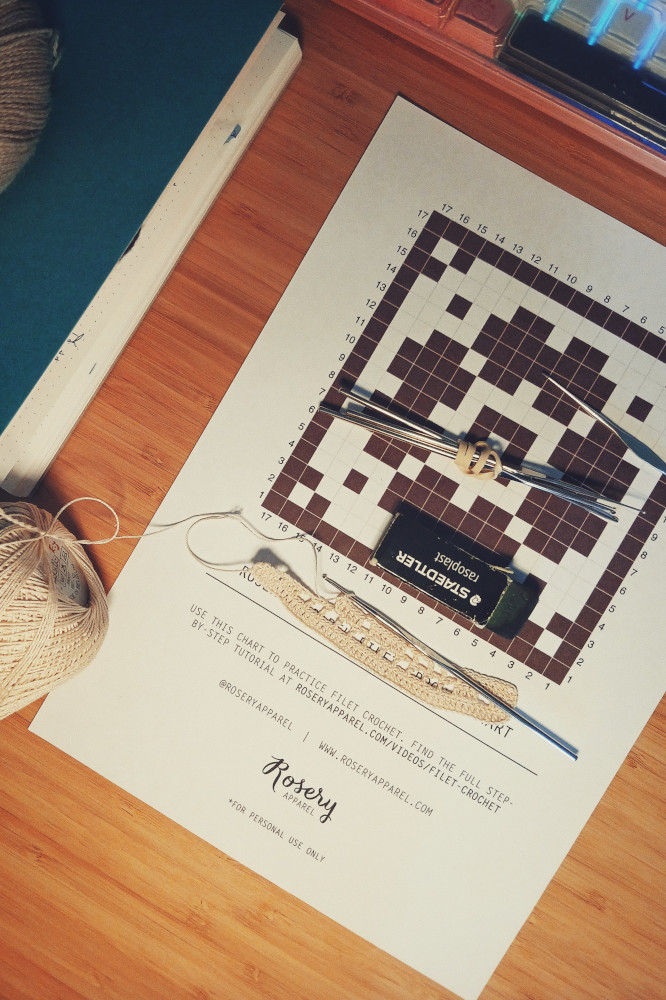 A vertical colour photograph of a filet crochet graph on a desk. On it is a work just began in a cream cotton thread, some small crochet hooks, and an eraser to keep track of the chart. Next to the paper chart is the cotton thread ball (cut off by the frame) as well as a notebook with some wool yarn on it, and a little up keyboard.