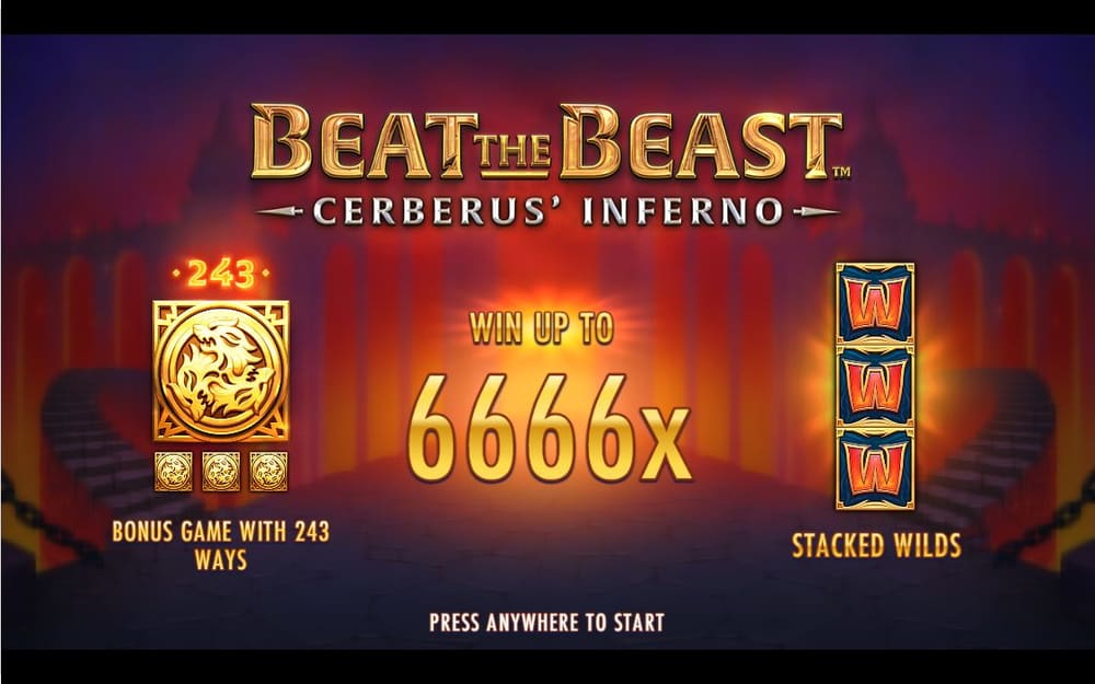 비트 더 비스트 케르베로스 인페르노 BEAT THE BEAST CERBERUS INFERNO 제목 아래 WIN UP TO 6666x가 크게 적혀 있습니다