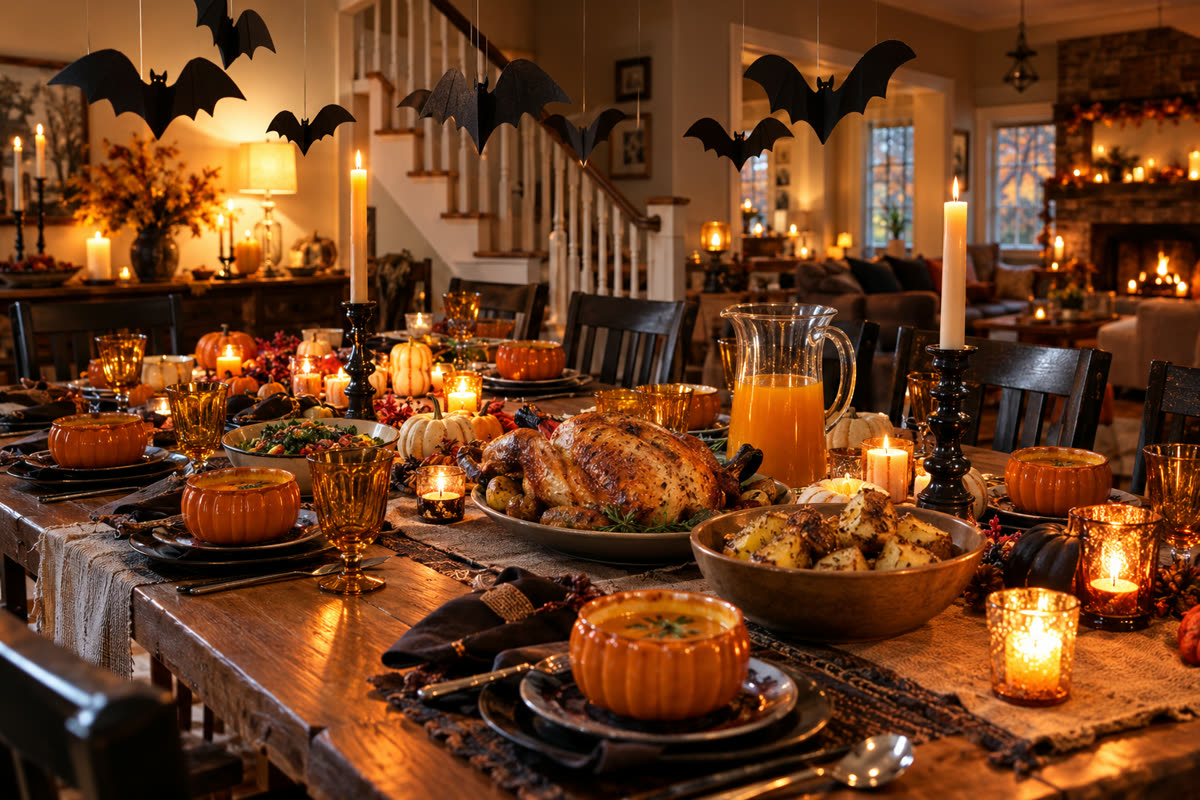 A dining table set for a Halloween feast with paper bats hanging above, pumpkin bowls, roast chicken, jacket potatoes and a pitcher of pumpkin juice