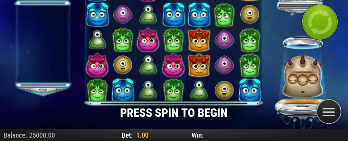 Balance 25000과 Bet 1.00 아래 7x7 생물판이 보이는 리액툰즈 화면