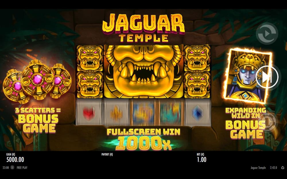 재규어 템플 JAGUAR TEMPLE 제목 아래 3 SCATTERS BONUS GAME과 EXPANDING WILDS BONUS GAME 안내가 보입니다