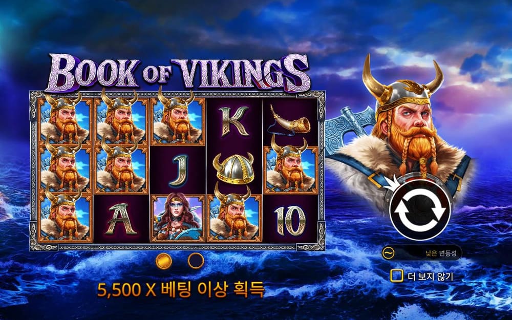 북 오브 바이킹스 푸른 바다 배경에 도끼를 든 바이킹이 서 있고 릴에는 같은 바이킹 초상이 여러 칸 보입니다
