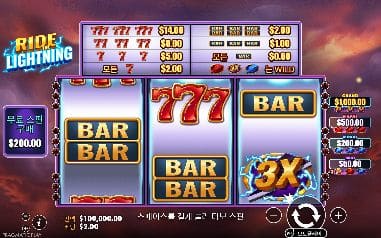 라이드 더 라이트닝 모바일 화면에서는 BAR·붉은 777·푸른 번개 3X가 맞물린 고전 세 릴이 세로에 가까운 화면을 채웁니다