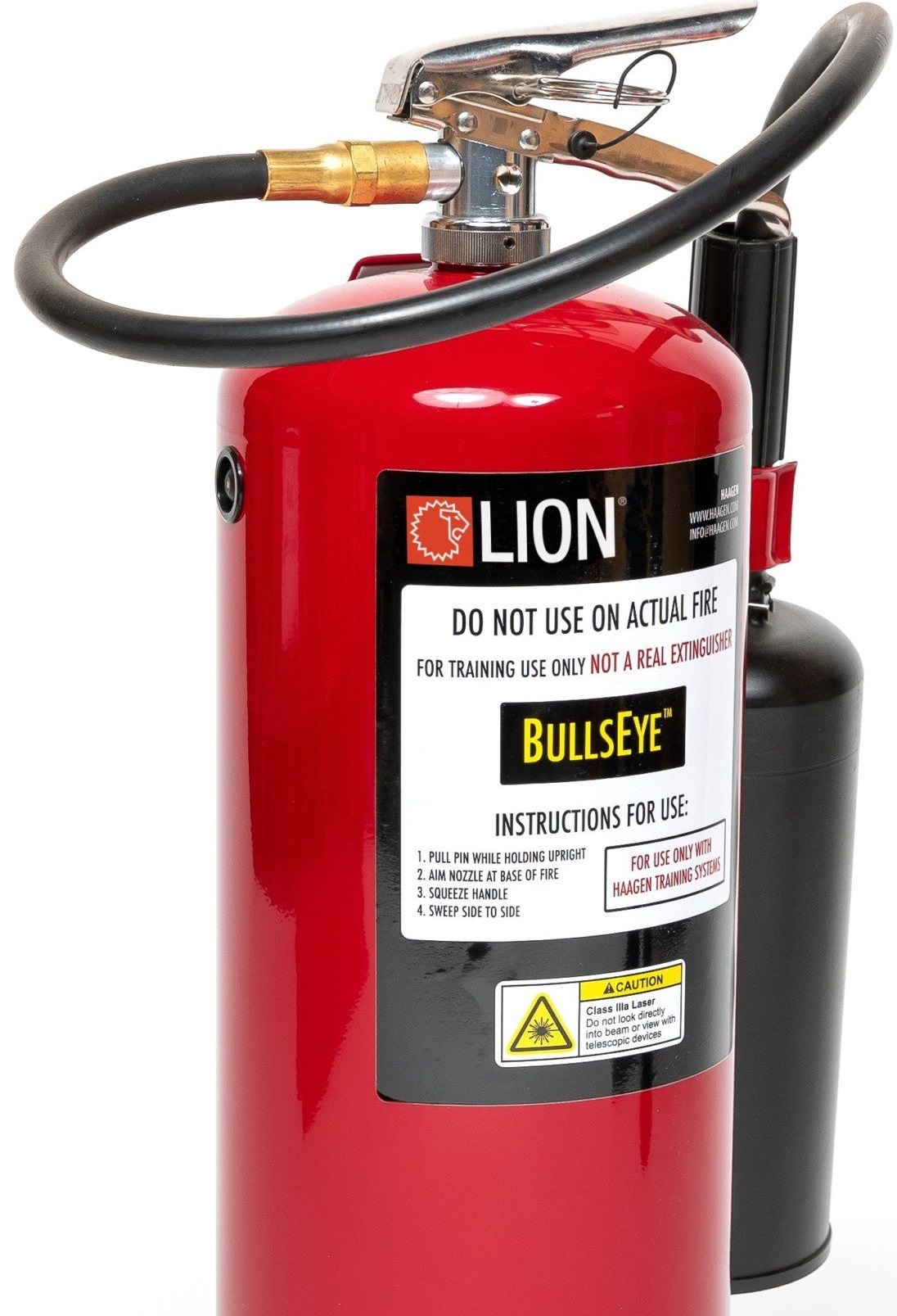 Lion Bullseye brand training fire extinguisher. Looks just like a normal extinguisher except for the label. A class 3a laser device.