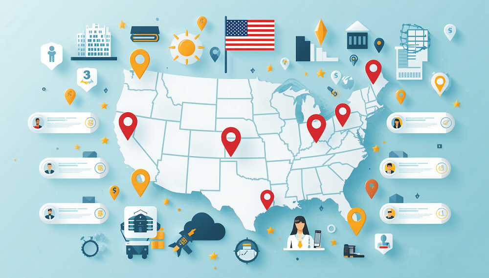 Professional business directory graphic for USA with American map, business listings, company icons, directory interface elements, and corporate symbols in a clean modern style.jpg