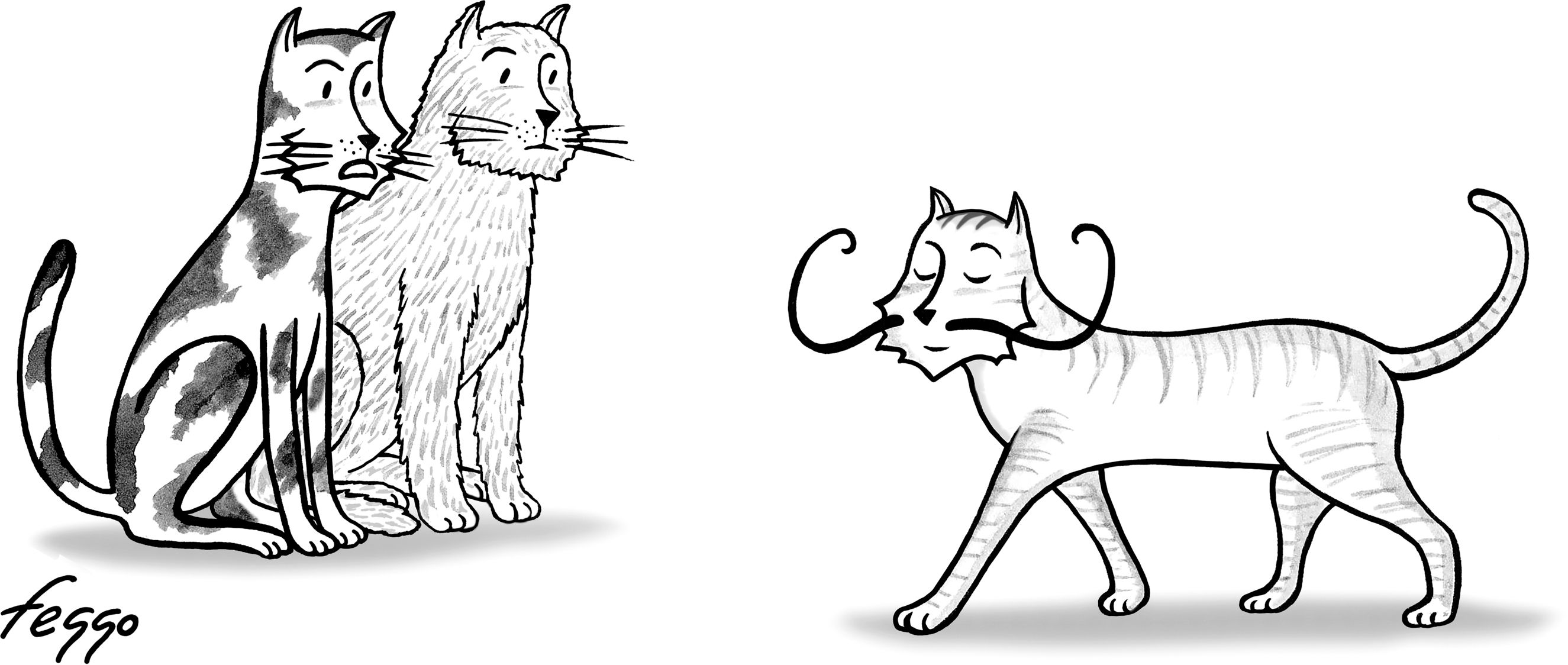 Two cats are sitting when they see a third cat walk by with a long curly mustache. One of the cats says: