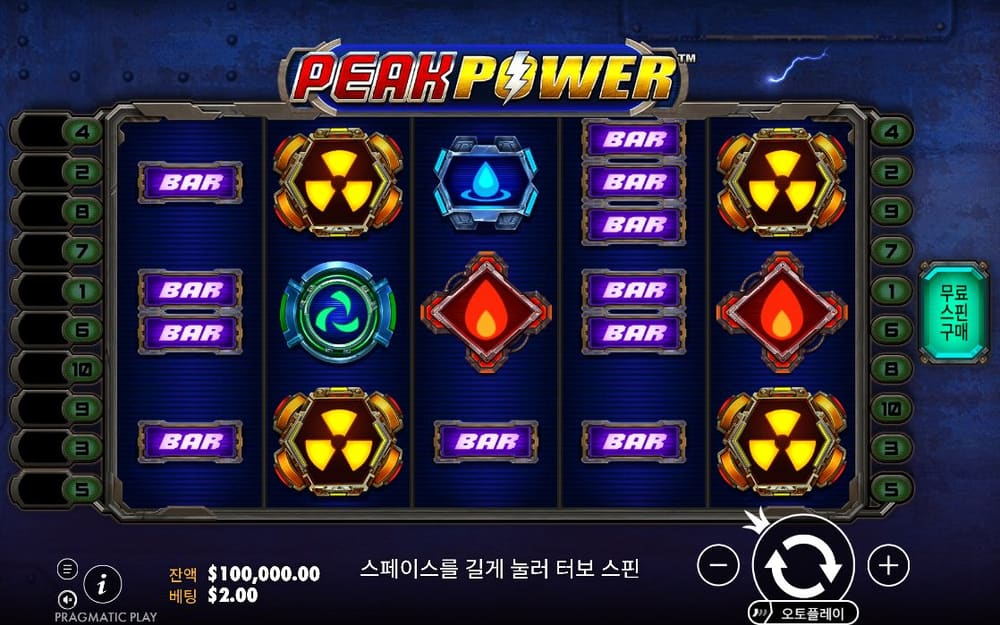 피크 파워 PEAK POWER 로고 아래 방사능 심볼과 초록 소용돌이가 같은 금속 격자에 놓여 있습니다