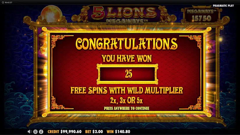 5 Lions Megaways에서 25회 무료 스핀과 2x 3x 5x 와일드가 확정된 화면