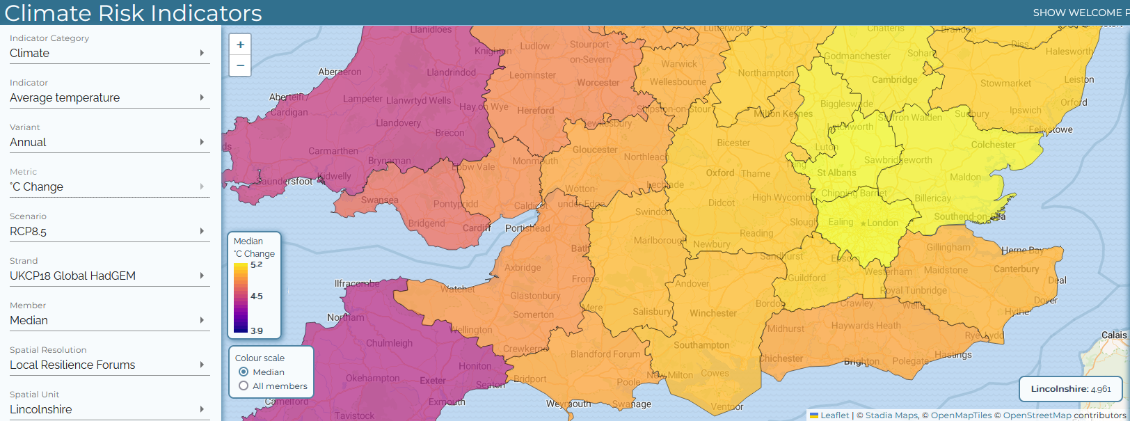 Screenshot of UK Climate Risk Indicators webmap tool