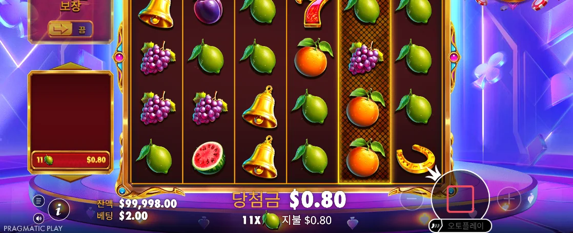 텀블 후 배열과 지정 조커 릴이 보이는 6 조커스 기능 화면