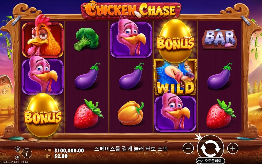 치킨 체이스 보라색 농장 릴과 닭·채소 기본 화면