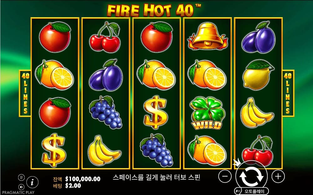 파이어 핫 40 FIRE HOT 40 제목 아래 다섯 릴 네 줄에 사과·체리·레몬·포도·종·달러 심볼이 보입니다