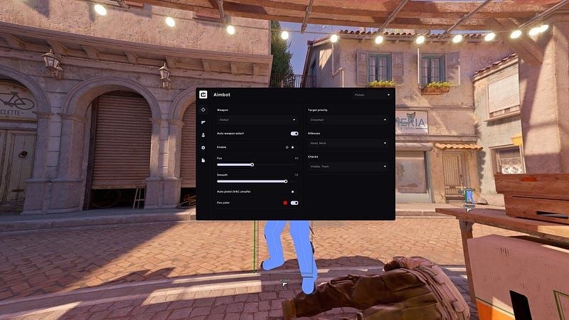 Cluster menu over a CS2 match with the Aimbot tab open