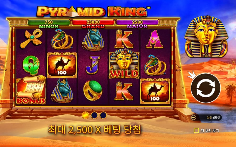 피라미드 킹 WILD와 BONUS, 100 금화가 여러 칸에 남은 정지 화면입니다