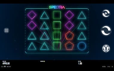 스펙트라 모바일 화면에서는 SPECTRA 로고와 네온 도형 보드, 오른쪽 두 원형 버튼이 유지됩니다