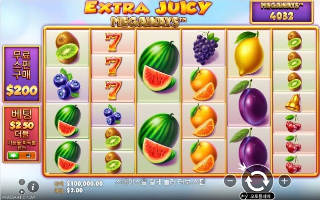 Extra Juicy Megaways 일반 화면에서 4,032 Megaways와 서로 다른 릴 높이가 보이는 실제 장면