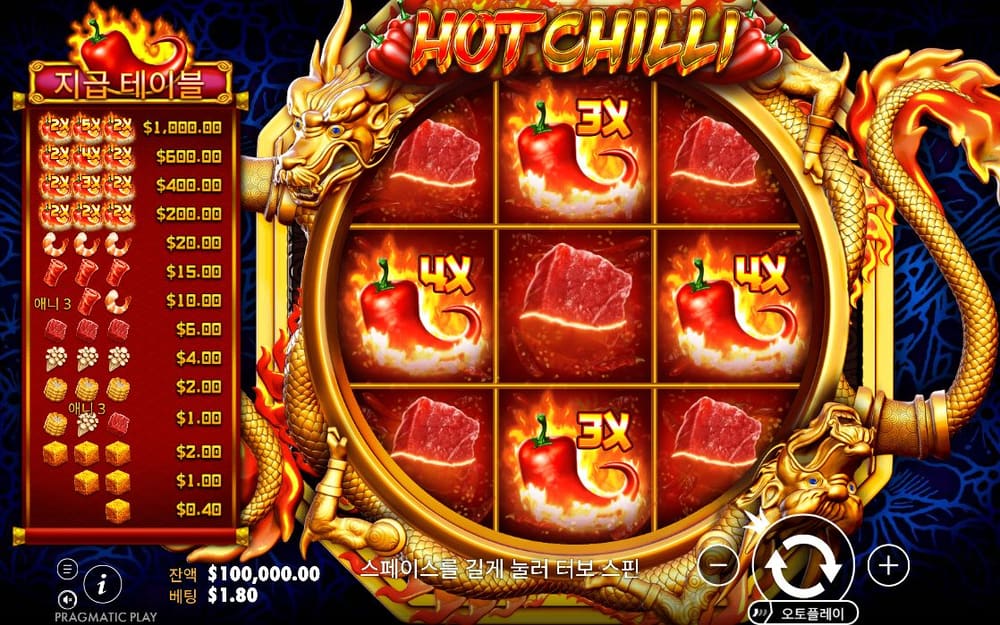 핫 칠리 왼쪽 세로 배당표와 HOT CHILLI 로고 사이에 아홉 칸의 붉은 심볼 판이 있습니다