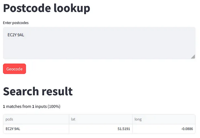 Screenshot of postcode geocoding tool