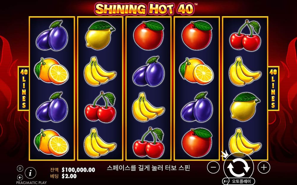샤이닝 핫 40 검정과 붉은 불꽃 프레임의 다섯 릴에 자두·바나나·오렌지·체리·레몬이 보입니다