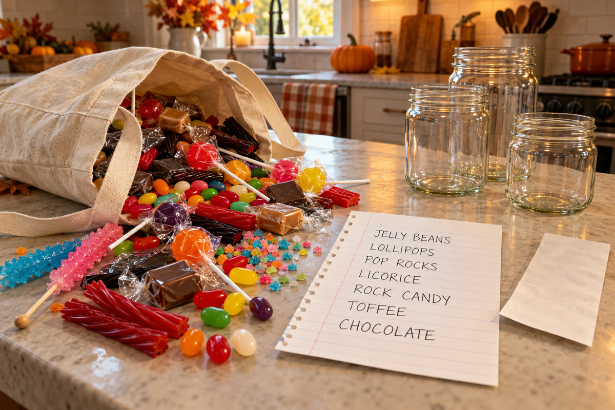A tote bag spilling candy onto a kitchen counter next to a handwritten shopping list: JELLY BEANS, LOLLIPOPS, POP ROCKS, LICORICE, ROCK CANDY, TOFFEE, CHOCOLATE