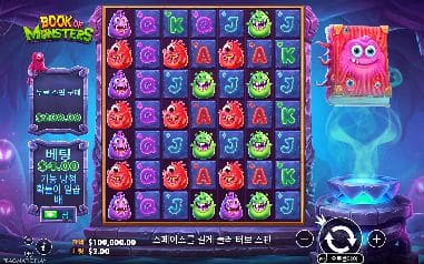 북 오브 몬스터스 모바일 화면에서는 초록·분홍·빨강 괴물이 촘촘히 들어간 실험실 격자가 모바일 구도의 중심을 이룹니다