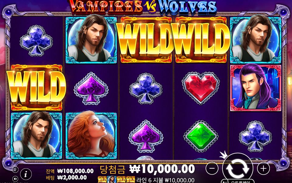Vampires vs Wolves Scatter와 심볼 안내가 보이는 실제 게임 화면
