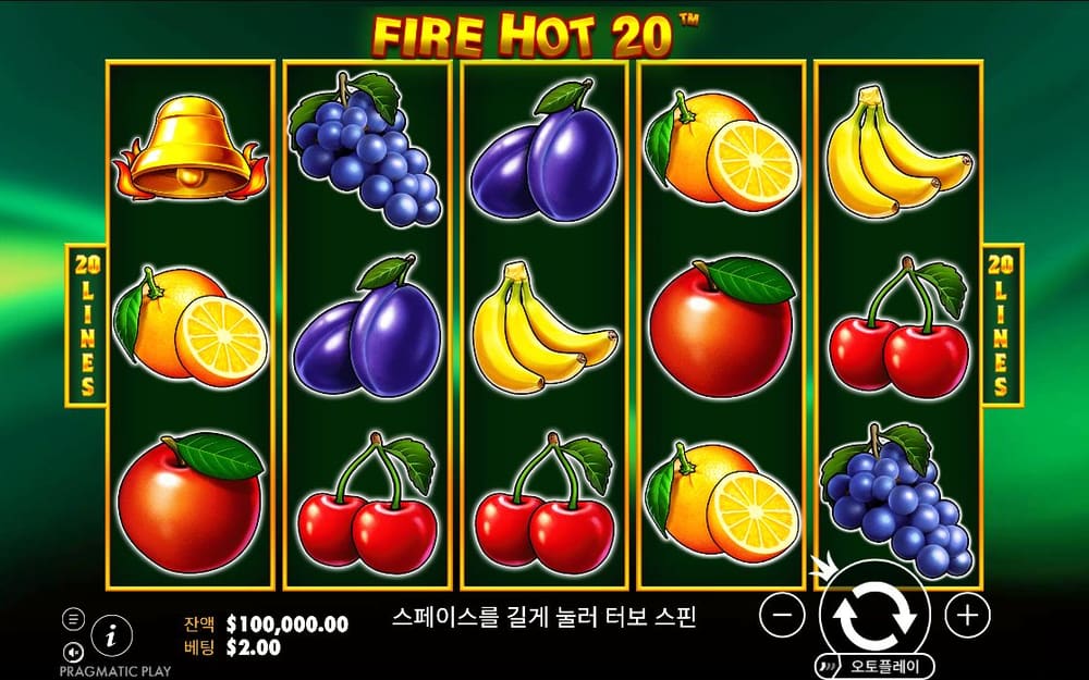 파이어 핫 20 붉은 체리가 아랫줄에 이어지고 윗줄에는 종·포도·자두가 나란히 보입니다