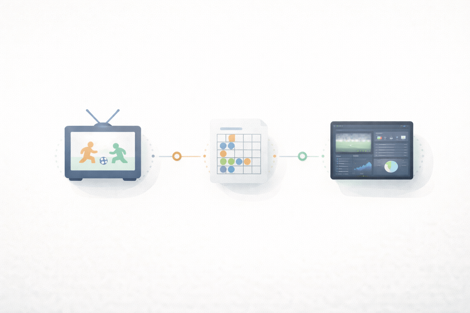 Minimal editorial illustration of a timeline connecting three icons: a retro TV screen, a box score sheet, and a modern real-time dashboard, showing the evolution of sports following in a soft, neutral palette.