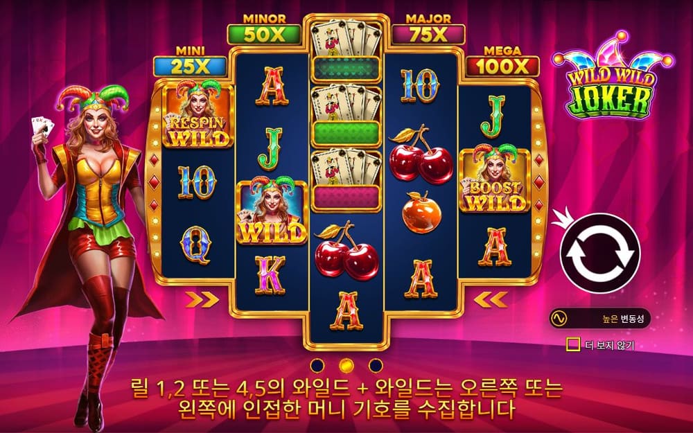 와일드 와일드 조커 카드 문자와 과일, 조커 WILD가 다단 릴에 고르게 남습니다