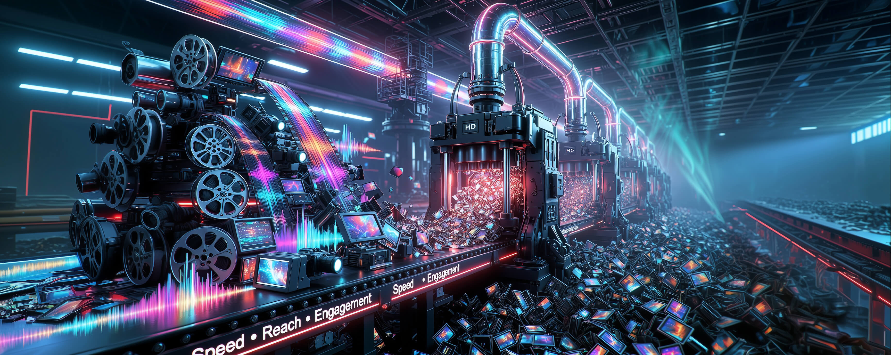 Futuristic media pipeline turning raw video recordings into compressed, single-use content optimized for speed, reach, and engagement.