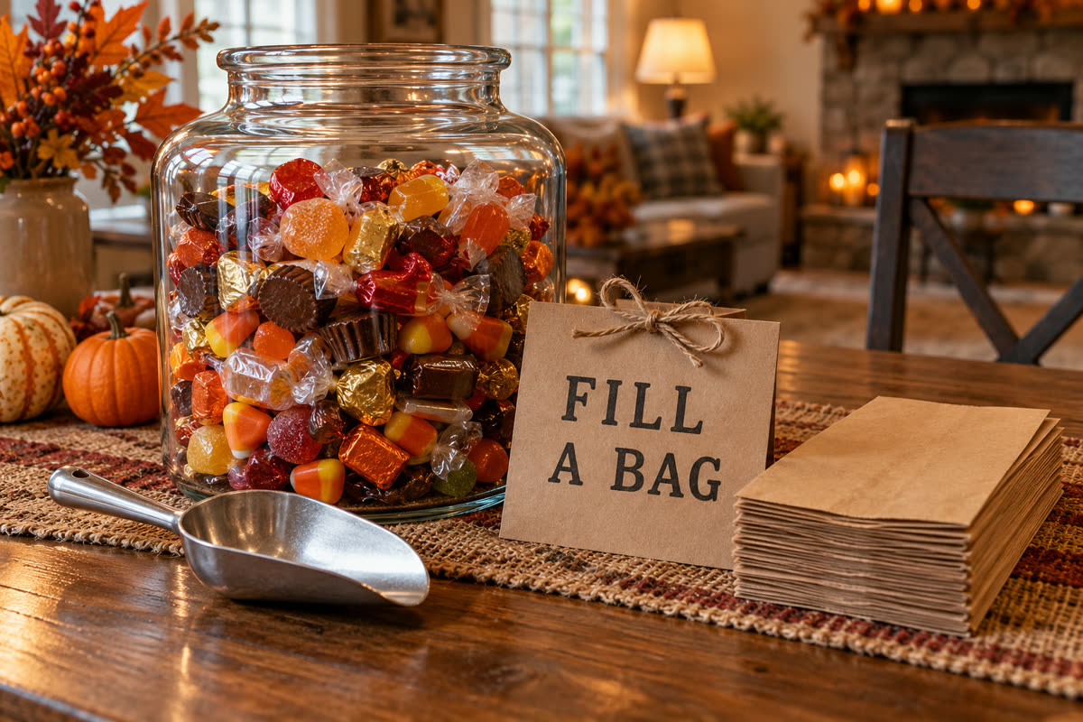 A scoop-your-own candy station with small brown paper bags, a metal scoop, a jar of mixed candy and a kraft sign reading FILL A BAG