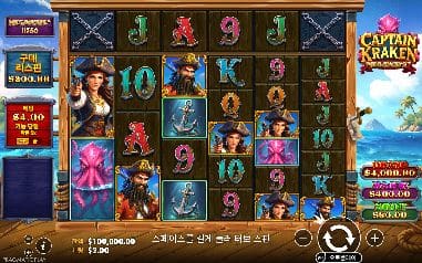 캡틴 크라켄 메가웨이즈 모바일 화면에서는 선장·여성 해적·붉은 보석이 잭팟 열 사이에 선 해적선 릴이 세로에 가까운 화면을 채웁니다
