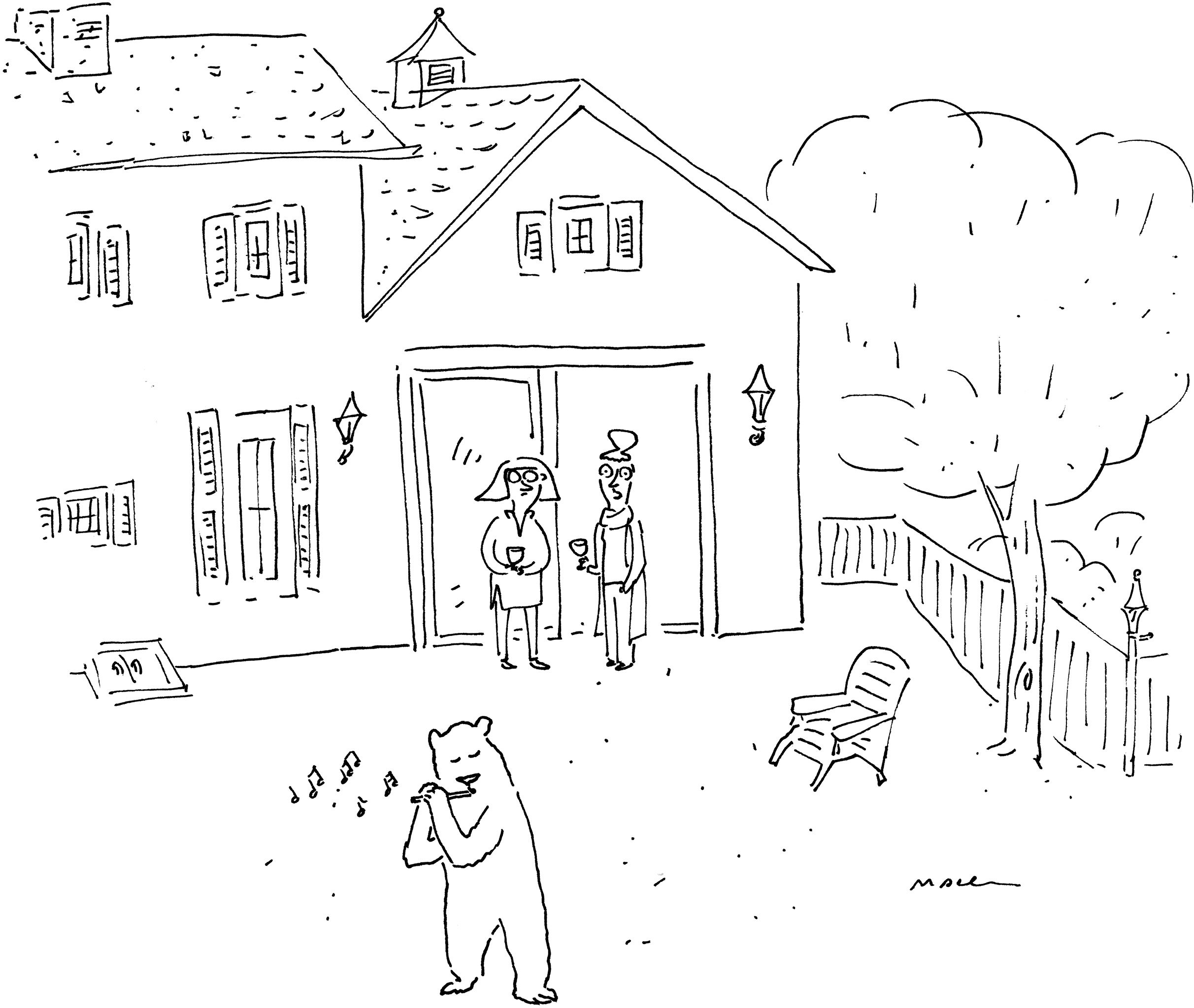 Two people stand outside a nice house observing a bear playing a flute in the back yard.
