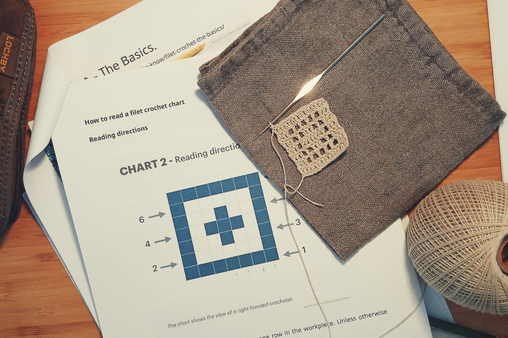 A horizontal colour photograph of a filet crochet chart with a filet crochet work next to it. The work is in an oatmeal colour and is resting on a grey cloth to show the design. The hook is still on the work.